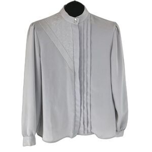 Vintage Gailord Pleated Button Down Blouse Size 12 Gray Embroidered Chiffon